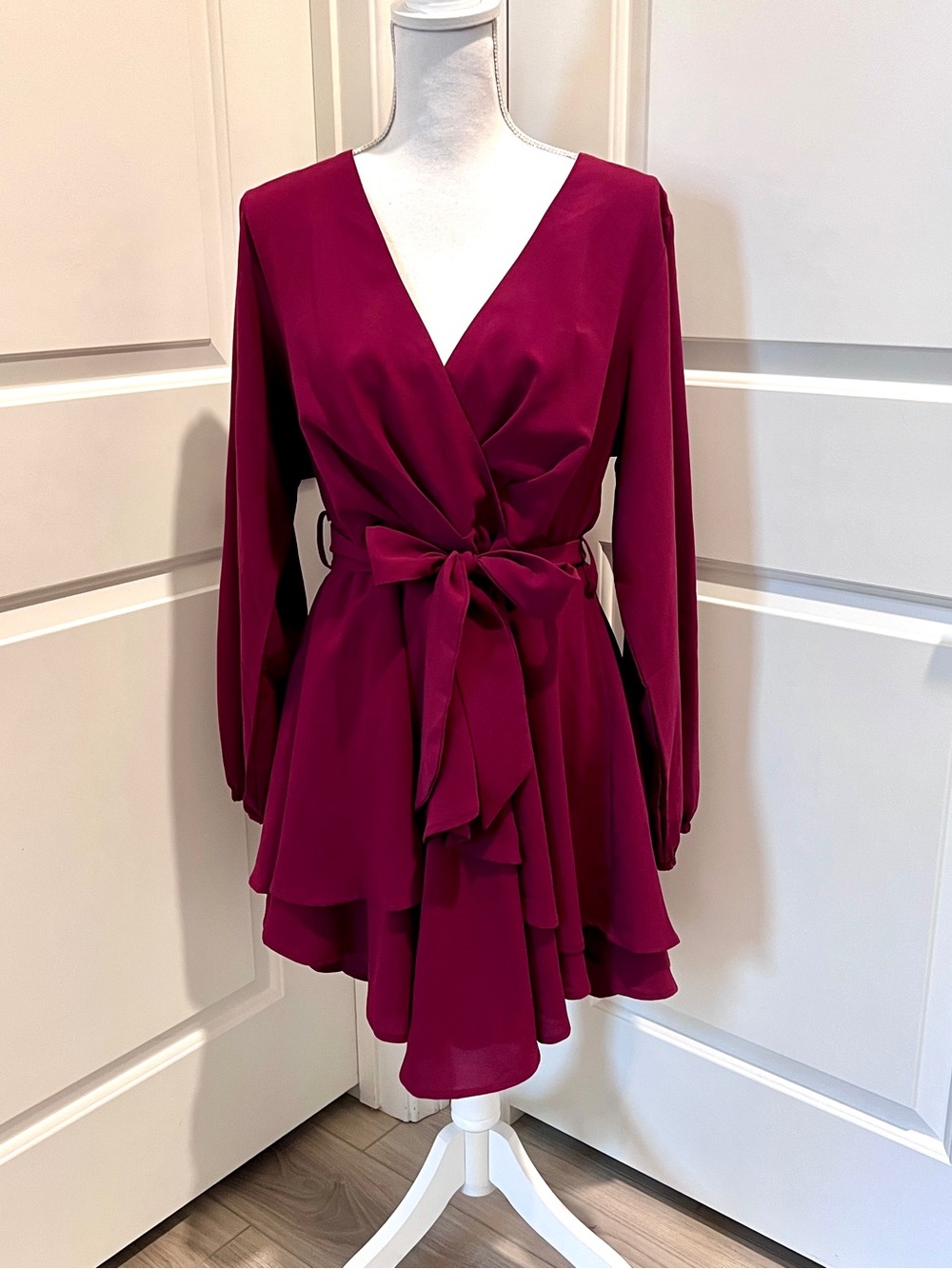 Women's Burgundy Wrap Tie Waist Dress
